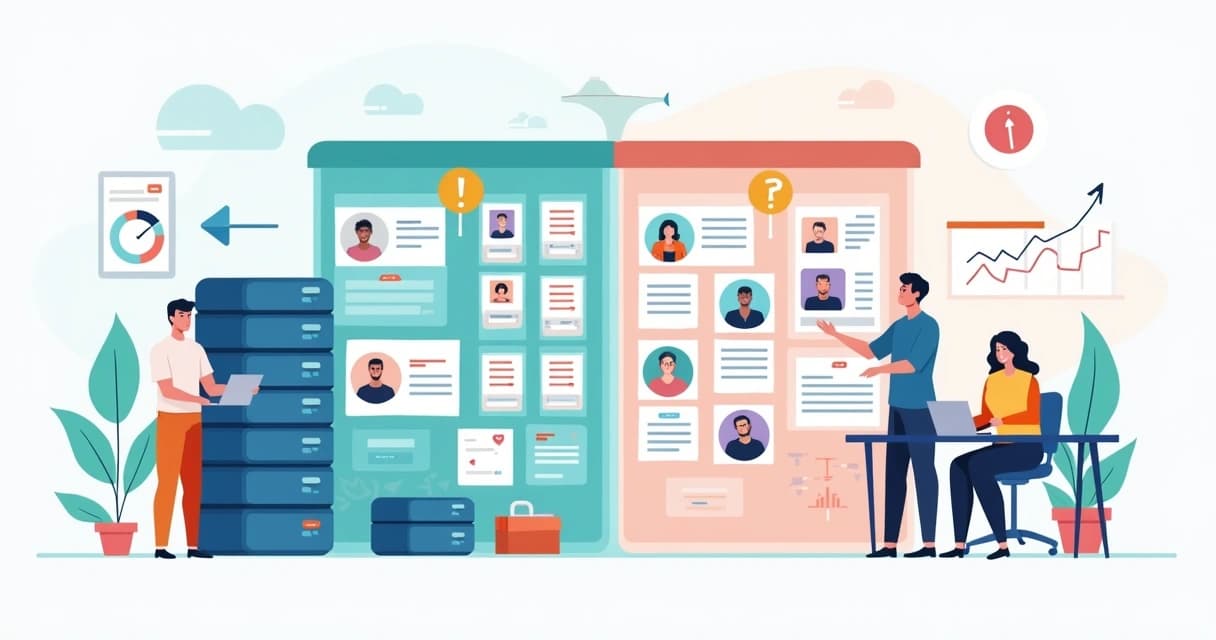 Comparação visual entre base de leads pronta e prospecção manual em estilo corporativo