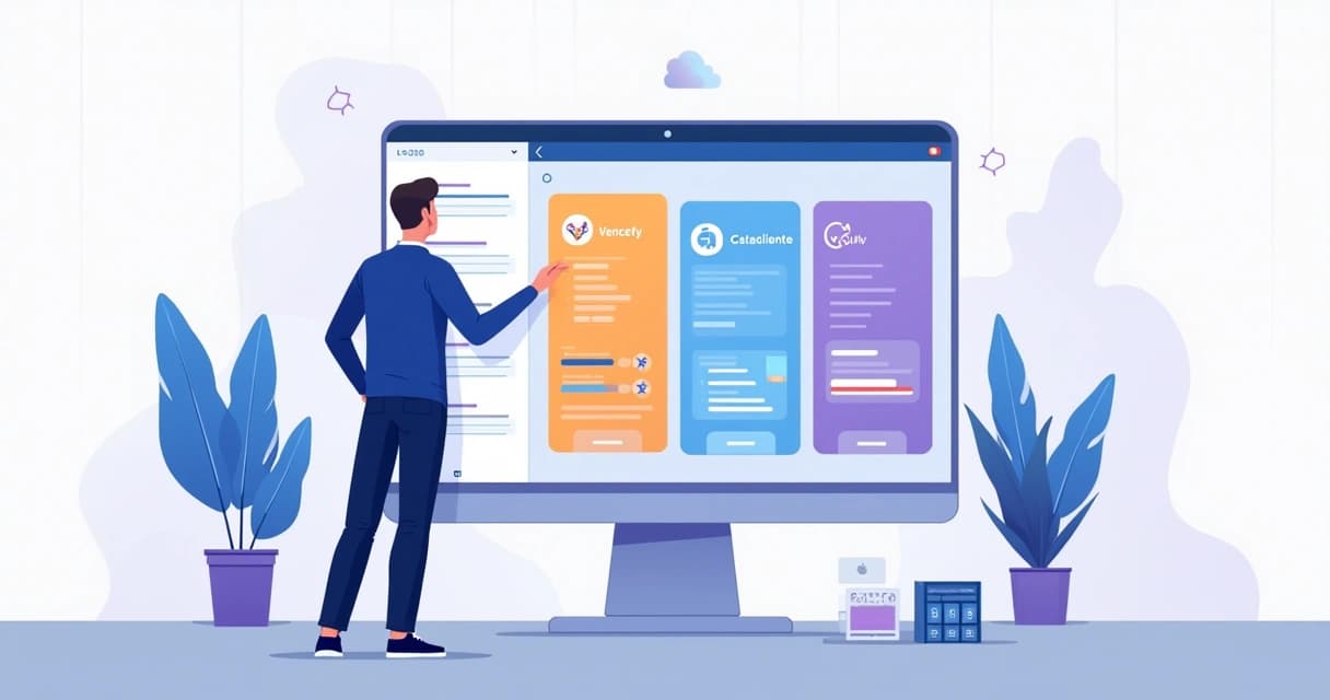 Founder de SaaS analisando três plataformas de prospecção B2B lado a lado em um painel digital