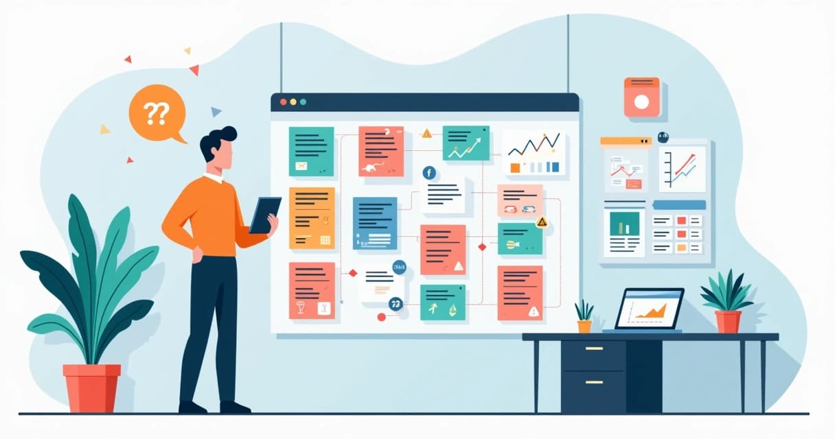 Gestor observando painel de CRM confuso com oportunidades desorganizadas