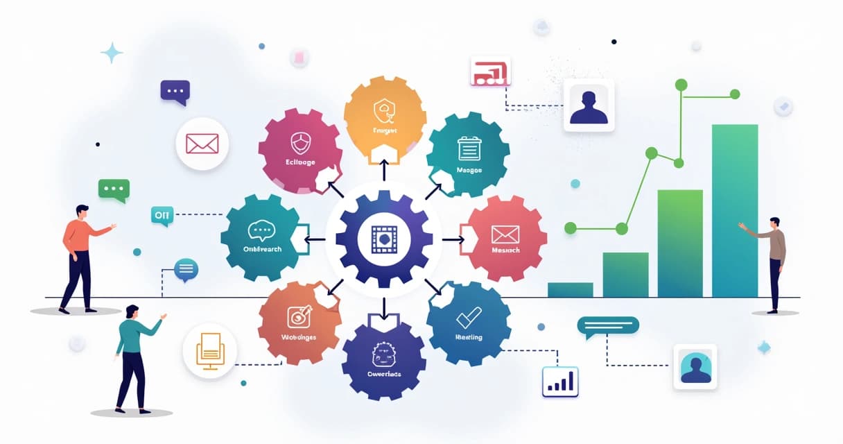 Fluxo de outbound B2B com engrenagens conectadas e ícones de IA