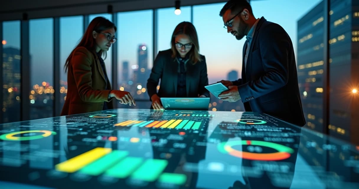 Equipe de marketing analisando painel digital com scoring de leads B2B em escritório moderno