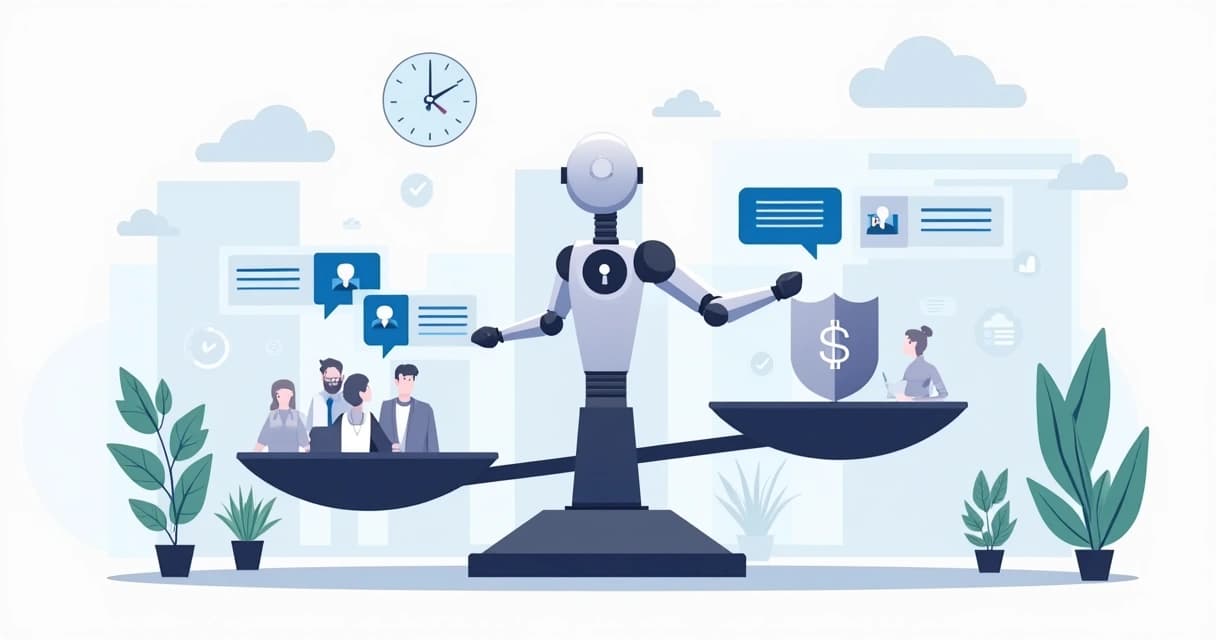 Ilustração corporativa mostrando equilíbrio entre automação de LinkedIn e reputação da marca