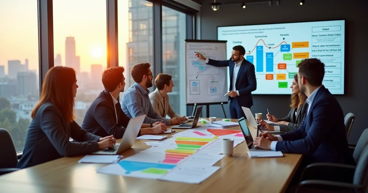 Executivos definindo estratégia de outbound marketing em sala de reunião moderna