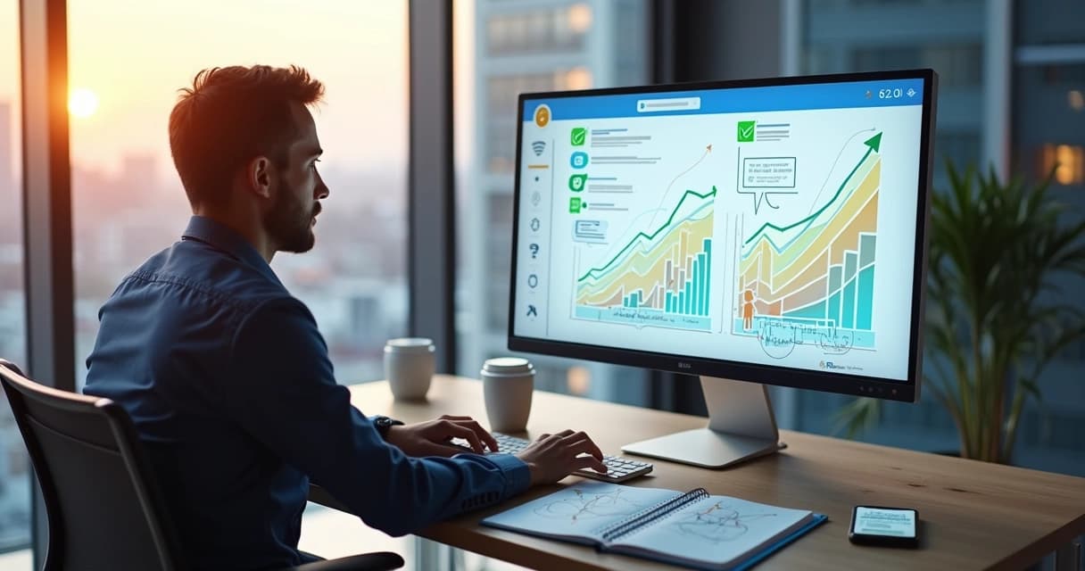 Profissional analisa gráfico crescente de respostas no computador