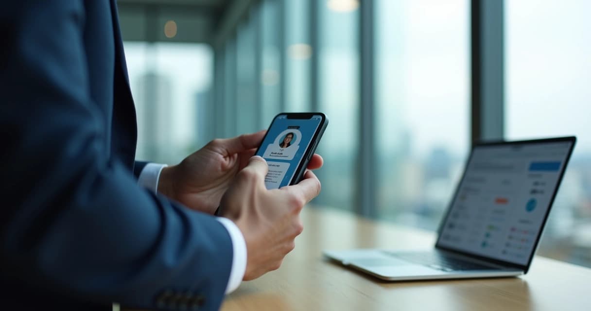 Profissional B2B segurando smartphone com tela de verificação de identidade focada em selo de conta conferida
